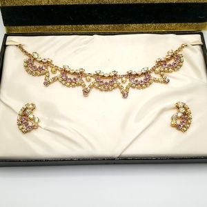 Vintage Jewelry Set Purple AB Rhinestone Choker Clip Earrings